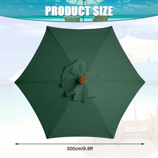 300 cm parasol, vervangende hoes, 6 baleinen, vervangende parasol, overkapping, vervangende afdekking met 6 ribben, outdoor paraplu, zonwering (groen)