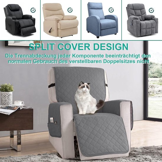 Fauteuilbeschermer voor televisiestoel - waterdichte relaxstoel - stoelbeschermer met zakken en armleuningen - 1-zits, stoelbekleding, antislip, stoelbekleding voor meubelbescherming - Lichtgrijs