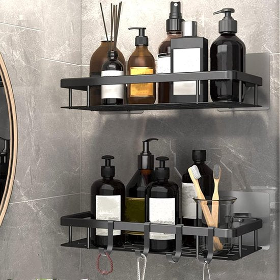 Doucheplank met 4 haken Badkamerplank zonder boren Zelfklevende roestvrijstalen muurmanden Opbergrek voor badkamer 2 stuks