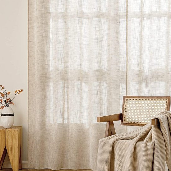 Curtains Linen Look with Eyelets Voile Linen Curtain Linen Curtains Living Room Modern Window Curtain Children's Room Kitchen Curtains Tab-Top Curtain Set of 2 140 x 145 cm Brownish White