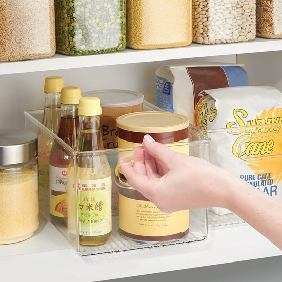 Opbergdoos met handvat, extra grote kunststof bak voor in de kast of koelkast, voedselbak zonder deksel, transparant