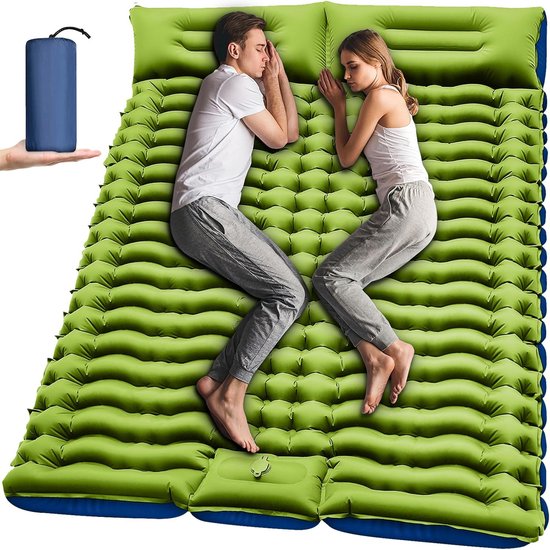 Campingmat, zelfopblazend, verdikt, dubbel campingmatras, ultralicht, voor 2 personen, opblaasbaar, met voetpomp en kussen voor outdoor, wandelen, tent