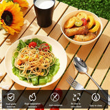 Campingbestekset, herbruikbare lichte bekers, schalen, borden en roestvrijstalen bestek met zwarte tas, vaatwasmachinebestendig