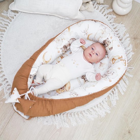 Babynestje voor pasgeborenen baby's, 90 x 50 cm, handgemaakte cocon, dubbelzijdig van katoen, wafel met babynestje, sluimerbeer, lichtbruin
