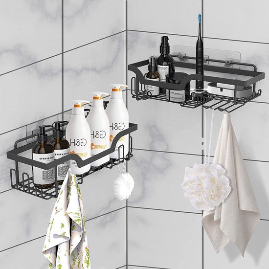 2 stuks doucheplank gezoneerd boren, wandmontage badkamer doucheand met haken, roestvrij staal doucheplank voor shampoo en douchegel, Zwart
