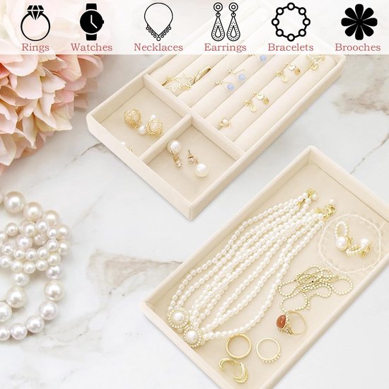 4 stuks sieradendoosje, 21 x 12,5 x 2,5 cm, fluwelen sieradeninzetstuk voor laden, sieradenkistjes, stapelbaar, sieradenopslag lade voor halskettingen, armbanden, oorbellen, ringen, horloges