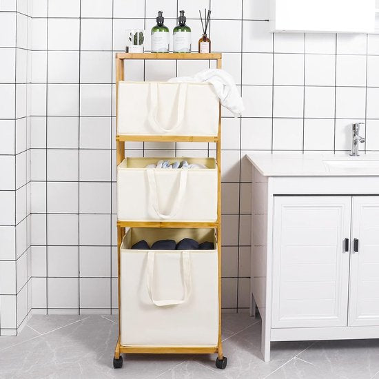 Wasmand van bamboe met wieltjes, wasmand met 4 verdiepingen, badkamerrek met 3 opbergmanden, wasverzamelaar, wasmand voor badkamer, 121 x 34 x 42 cm, 50 kg belastbaar, naturel