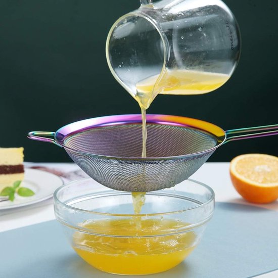Rainbow Fine Mesh zeef, 3-delige set, kleurrijke meelzeef om te bakken, roestvrijstalen reiniger, veelkleurige matcha-theezeef, sausscheider, stasher-zeef-pastazeef