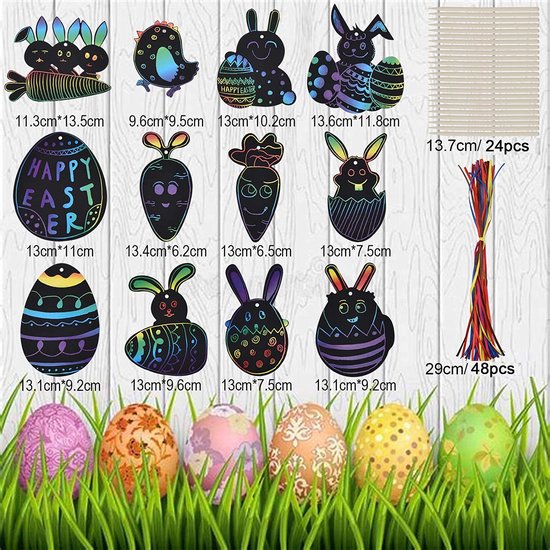 Easter Scratch Pictures, (48 + 48 + 24) Easter Scratch Crafts Magische kleurrijke Rainbow Scratch Paper Card, Easter Egg Bunny Chick Shape met linten, Houten Scratch Tool voor Easter Egg Hunt Game