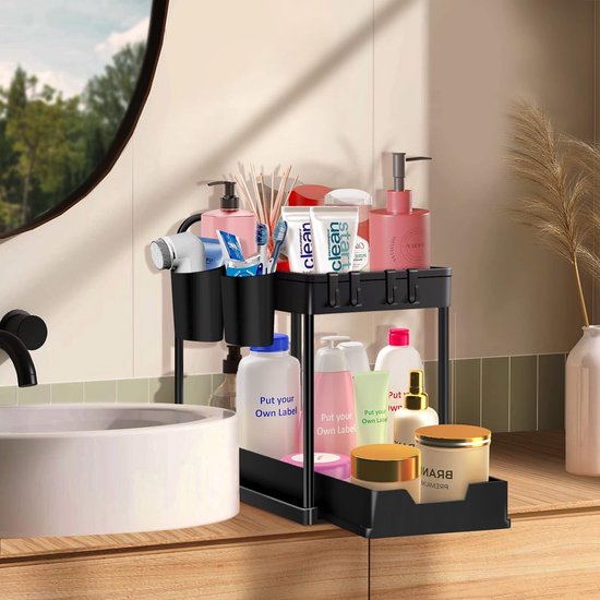 2 etages onder de wastafel, keukenorganizer met 4 beweegbare haken en 2 kopjes, multifunctioneel kruidenrek, spoelkast, organizer, schoonmaakmiddelorganizer voor badkamer