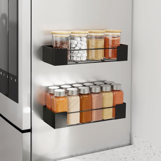 Set van 2 kruidenrek, magnetisch koelkastrek, zonder boren, lichtgewicht magnetische kruidenorganizer en -opslag, zwart