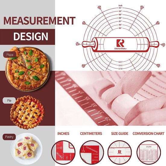 Siliconen bakmat, extra groot, 80 x 60 cm, anti-aanbakmat met meting, deegmat, bakonderlegger voor oven, uitrolmat voor deeg, fondant, gebak, rood