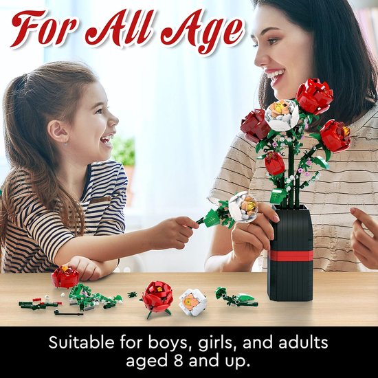 Rose Bouquet Kit with Vase, 818 Pieces Flower Building Blocks Set for Adults, Room Decoration Crafts, Creative Gifts for Women or Wife, Compatible with Lego