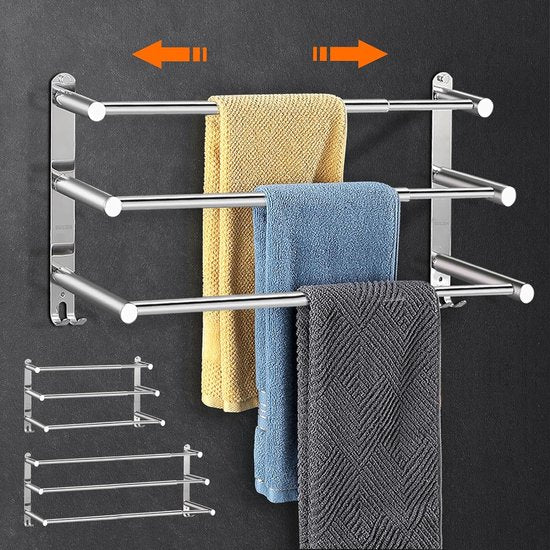 Towel Rail, No Drilling, 43-75 cm, Extendable Towel Rail, Self-Adhesive Bath Towel Holder, Wall 3-Tier Towel Rail with Hooks, Waterproof Rust Bath Towel, Towel Holder for Bathroom/Kitchen