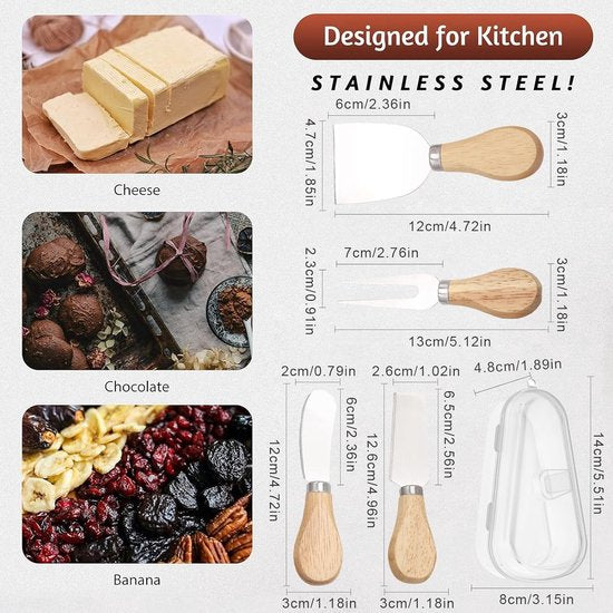 5 stuks kaasmessenset, botermes, 12 cm, taartmes, roestvrij staal, botermes, kleine kaasmessenset, kleine serveerspreaders, perfect voor cake, dessert en kaassalade