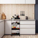 Opbergwagen, keukenwagen, 4-laags rollende wagen met wielen en 3 hangende kopjes, multifunctioneel opbergrek voor keuken, badkamer, slaapkamer, kantoor, zwart