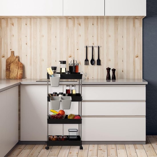 Opbergwagen, keukenwagen, 4-laags rollende wagen met wielen en 3 hangende kopjes, multifunctioneel opbergrek voor keuken, badkamer, slaapkamer, kantoor, zwart