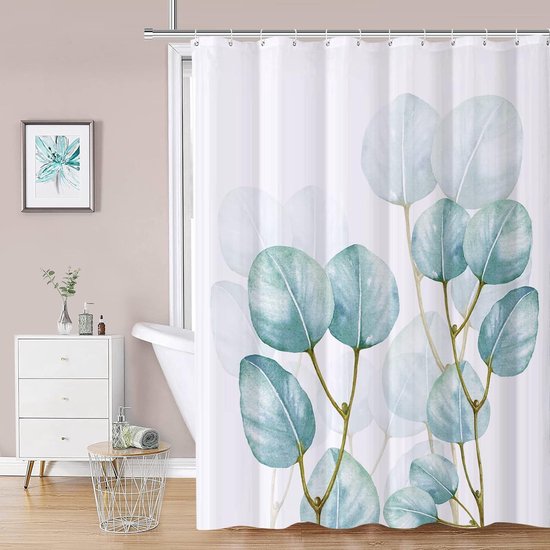 Leaf Shower Curtains with 12 Hooks, Polyester 180 x 180 cm Waterproof Shower Curtain for Bathroom, Weighted Hem, Bathtubs, Hotel Curtain, Machine Washable, Quick Drying