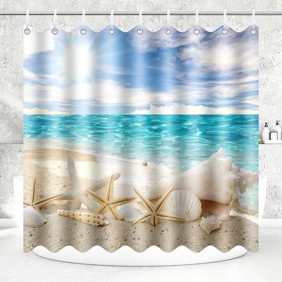 180 x 200 cm Fabric Shower Curtain Polyester Textile Anti-Mould Waterproof Washable for Bathroom Bath and Shower Ocean Style Decorate Curtain Shower Curtains with 12 Shower Curtain Rings