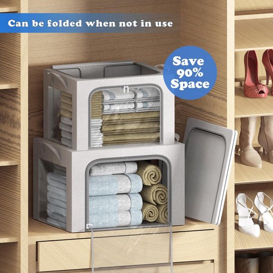 2 stuks opbergdozen voor kleding, opvouwbare kledingopbergbox met metalen frame en 3 ramen, opbergtas voor dekbedden, dekens en kleding, grijs (66 liter)