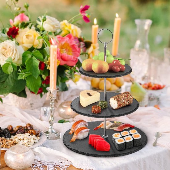 Taartstandaard leisteen etagère 3 etages - cupcake standaard 3 verdiepingen ronde serveertoren dessert standaard voor bruiloft, verjaardagsfeest, woondecoratie