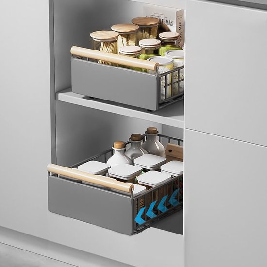 telescopische lade, mand uittrekbare keukenkastorganizer met handvat, uitschuifbare kastorganizer keuken, 23,5 cm B x 39,5 cm D x 9 cm H, bruin