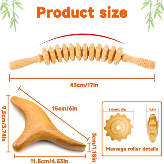 Massageroller hout & trigger houten set, massageroller met handgreep, massagestaafjes triggerpunt, rug massageapparaat hout, handmassagehulp voor benen en schouders, houten therapie massagegereedschap