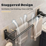 Badhanddoekhouder zonder boren, zwarte zelfklevende handdoekstang met anti-roest aluminium, 2-laags double rod wandmontage handdoekhouder zwart en 2 haken voor badkamer keuken douche (40 cm)