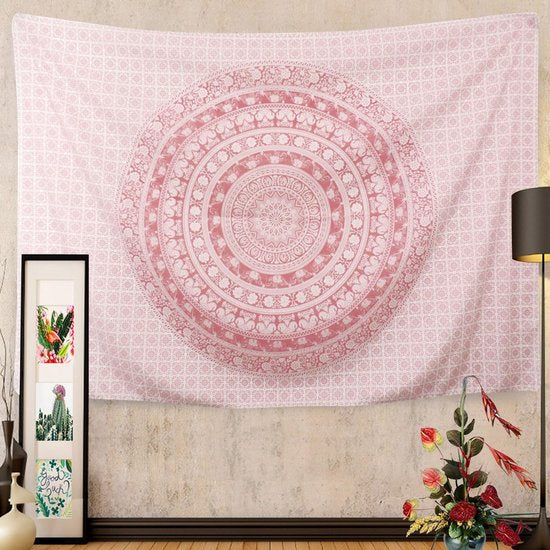 Mandala wandkleed roze wandtapijt Indiaas wandkleed tafelkleed Boheemse bloem hippie wanddoek voor kinderen 150 x 210 cm