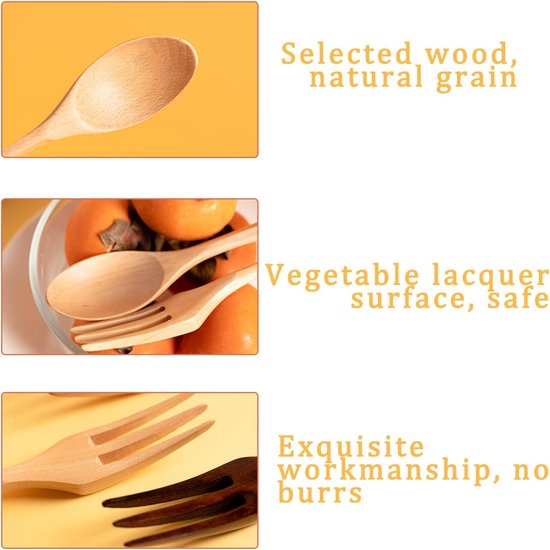 Pak van 6 houten bestekvorkenlepels, kleine vorkenlepels hout, houten keukengerei in Janpanese stijl, cakelepel en vorkset, dessertvorken en lepels, voor keuken thuis restaurant buiten