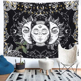 wanddoek tarottapijt, zon en maan wanddoek, esthetisch wandtapijt, psychedelisch wandtapijt zwart en wit muurhangend bohemien mandala wanddoek strandgooi 148 x 200 cm