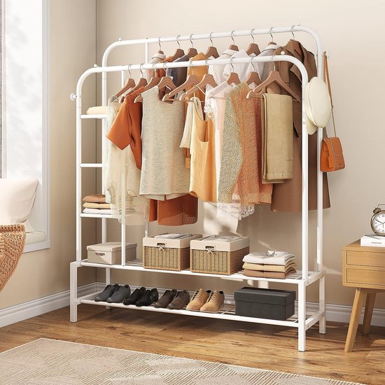 Kledingrek, multifunctionele kapstok van metaal met 3 lagen zijplanken, 2 lagen vloerplanken en 4 haken, geschikt voor kleding, tassen en schoenen