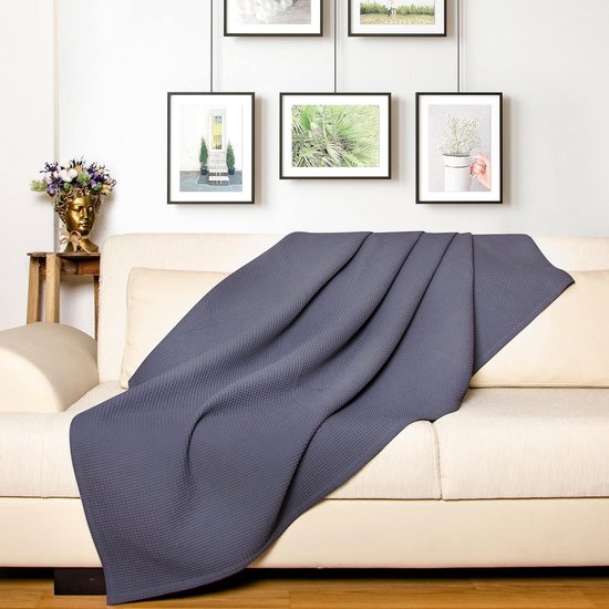 Premium sprei 240 x 260 cm XXL - wafelpiqué 100% katoen - lichte woondeken wafellook - katoenen deken als bedsprei, bankovertrek, bankdeken (antraciet)