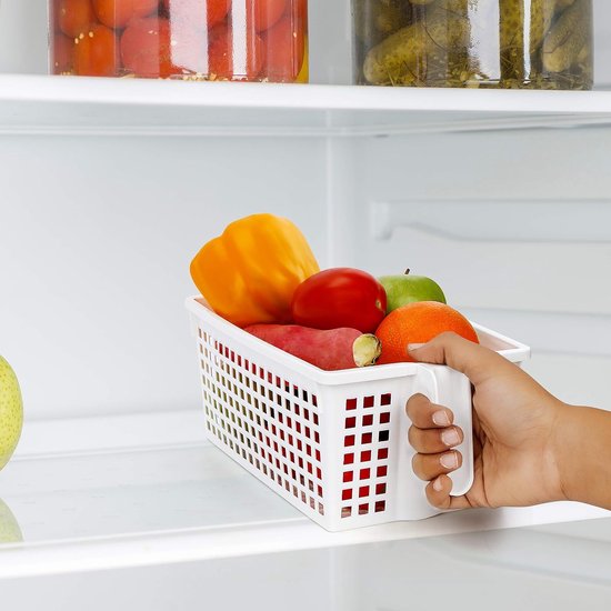 6 stuks koelkastorganizer en keukenkast, opbergdoos met handgreep, 27,5 cm totale lengte, witte kunststof containers voor koelkast, badkamer, eetkamer, keuken, vriezer