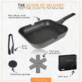 Grillpan 28 x 28 cm met schenktuit en afneembaar handvat Steakpan inductie gecoate pan voor grill incl. grilltang en panbeschermer