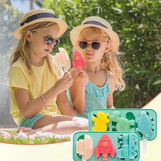 IJslollyvormen 2x3 holte IJslollyvormen met 18 stokjes Food Grade BPA-vrij siliconen Herbruikbaar dinosaurusvoertuigpatroon DIY-ideeën IJslollyvormen voor volwassenen