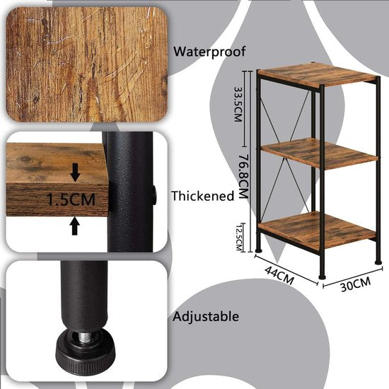 Opbergrek met 3 planken, keukenrek, smalle plank, staande rek, rek, bergruimte, metalen rek, badkamerrek voor balkon, kelderruimte, woonkamer, eetkamer, zwart, staal en hout