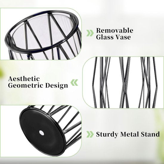 Glazen bloemenvaas met geometrische metalen plankstandaard, kristalheldere terrariumplantenbak, knopglasvazen voor bloemen, hydrocultuurplant, middelstuk voor bruiloft op thuiskantoor, zwart, 21,5 cm