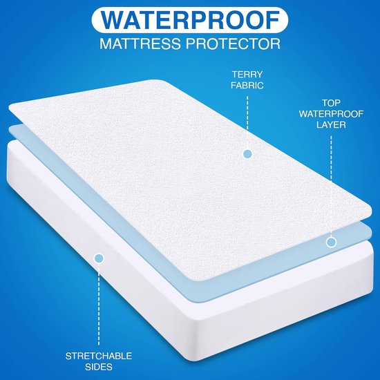 Waterdichte badstof matrasbeschermer, 80 x 190 x 30 cm, premium Fottee matrashoes, 200 g/m², ademend, elastiek rondom