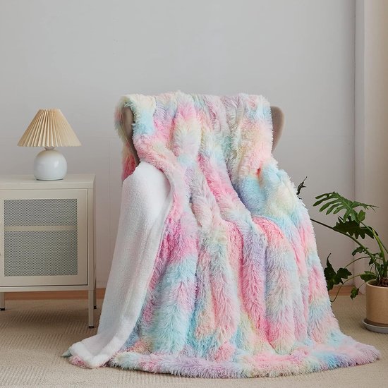 Imitatiebontdeken - Sherpa Schapendeken - Comfort Fleece Deken - Wollen Deken Bank- en Beddekens - 130 x 160 cm - Regenboog