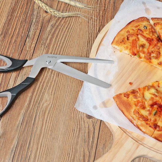 Pizzaschaar, pizzasnijder met scherp roestvrijstalen lemmet van levensmiddelenkwaliteit en handgreep met zachte handgreep, multifunctionele keukenschaar, 27 cm, zwart/grijs