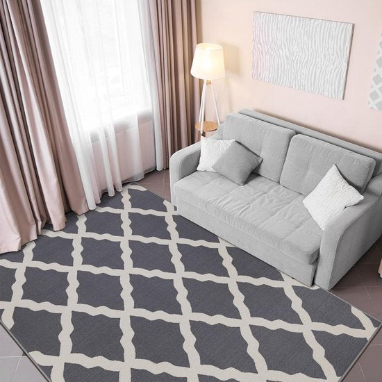 Glamour Collectie Vloerkleed met rubberen achterkant en elegant rasterontwerp, 100 x 150 cm, grijs.