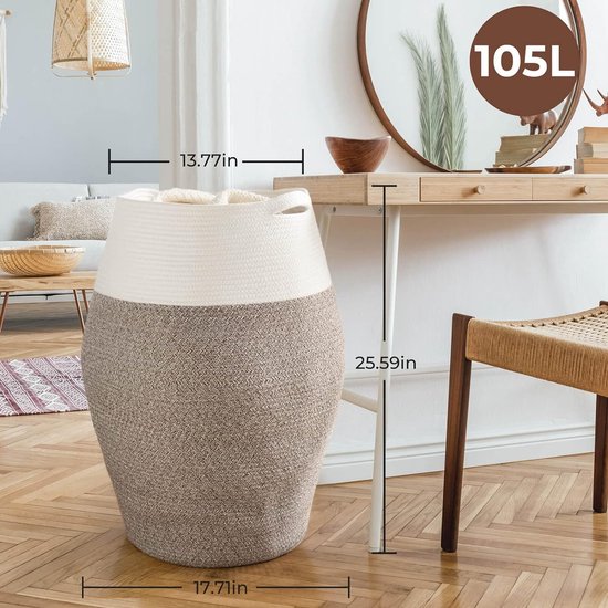 wasmand grote opbergmand van gevlochten katoenen touw voor vuile kleren in de wasruimte 65 cm hoog, wit en bruin