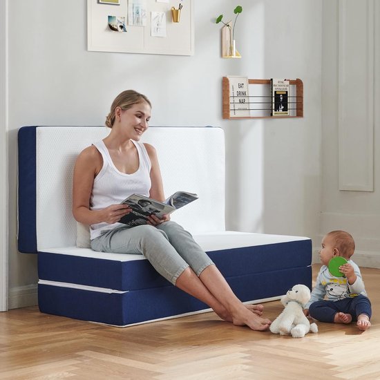 Gastenmatras, 75 x 195 x 15 cm, vouwmatras met terugstelschuim, wasbare overtrek en drukontlasting, blauw, drievoudig vouwmatras, dubbel voor vuurbestendig, bed in een box, 75 x 195 x 15