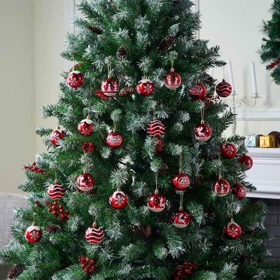 Pakket van 24 kerstbalornamenten, luxe onbreekbare kerstversieringen voor feestdagen, feestdecoraties, boomversieringen en speciale gelegenheden (rood en wit, 6 cm)