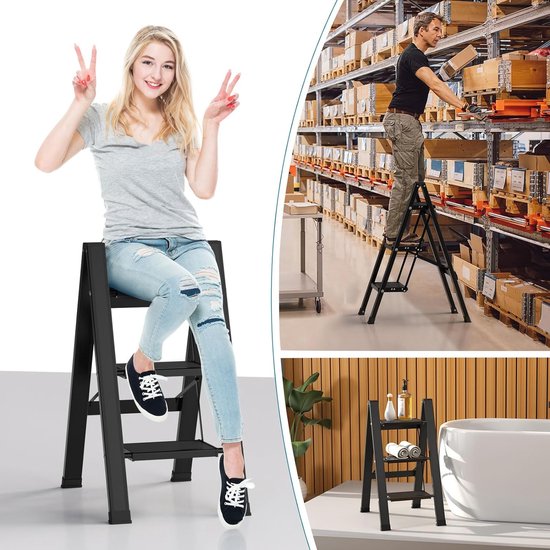 Trapladder, 3 treden, inklapbaar, aluminium vouwladder, draagbare vouwladder met breed anti-slip pedaal, opvouwbare huishoudladder, lichte ladder, draagvermogen 150 kg, zwart