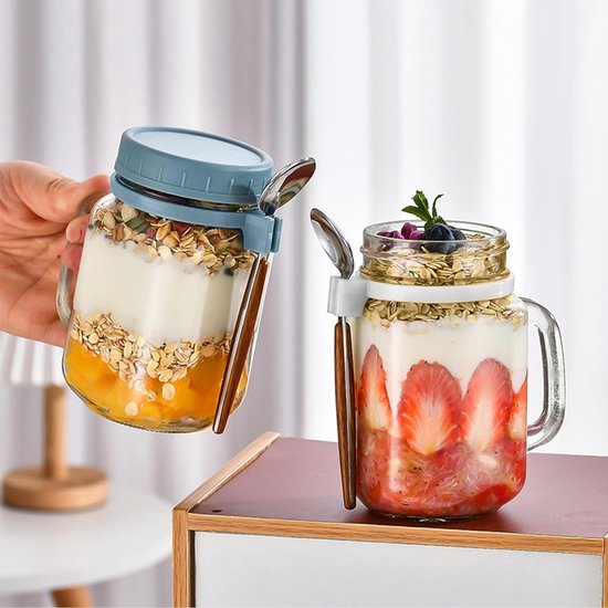 2 Pack Yoghurtbekers, Overnight Oats-potten, 450 ml Overnight Oats-container, Mason-potten met deksel voor Cereal On The Go-container, Yoghurt Cup to Go met lepel, Glazen Cereal Cup to Go (grijs)