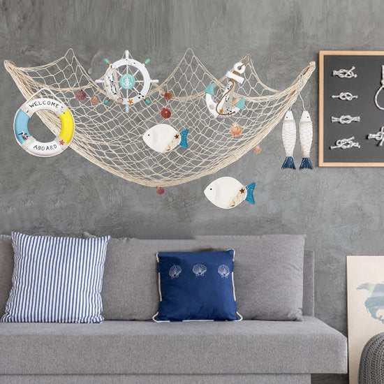 200 cm x 150 cm visnet met schelpen strand thema decoratie voor feest thuis woonkamer slaapkamer mediterrane stijl decoratie wanddecoratie