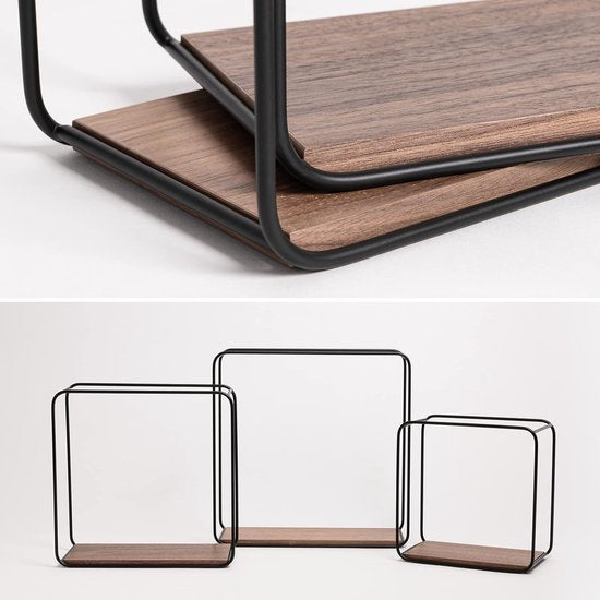 Wandplankenset, 3-delige hangplank van metaal en echt houtfineer, wanddecoratie en plank voor badkamer, woonkamer, keuken, slaapkamer en meer, walnoot