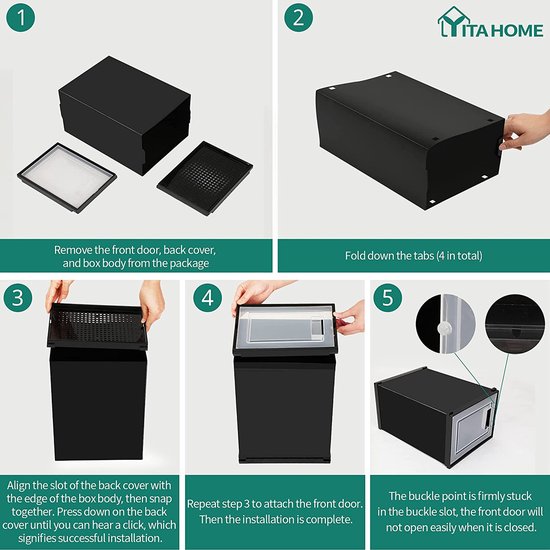 Schoenendozen, set van 6, schoenendoos stapelbaar, stabiel, opbergdozen voor schoenen met transparante deur en ventilatiegaten, voor schoenen tot maat 46, stapelbare schoenendoos zwart